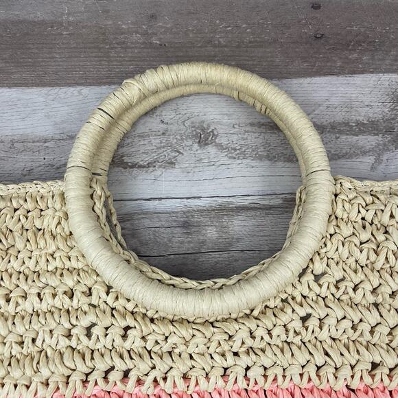 Talbots Woven Straw Tote Hand Bag Tric-Color Tan Pink Cranberry - Picture 2 of 13